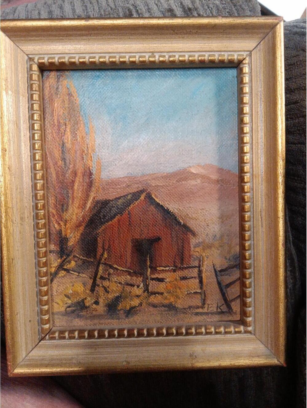 Original Oil Landscape, Rustic Red Barn Signed E K Emma F K With The Hook 6"X 5"